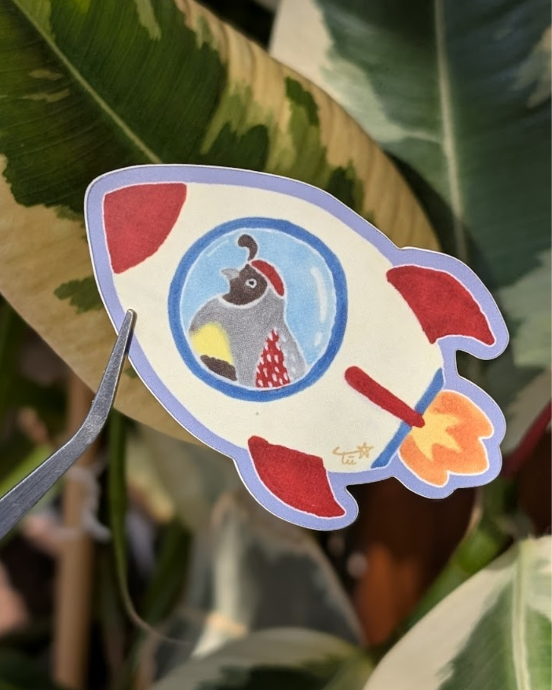 Mischievous Quail in a Rocket Sticker